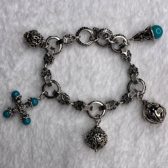 Silver-Toned Charm Bracelet With Ornate Filigree & Blue Bead Accents - Picture 2 of 4